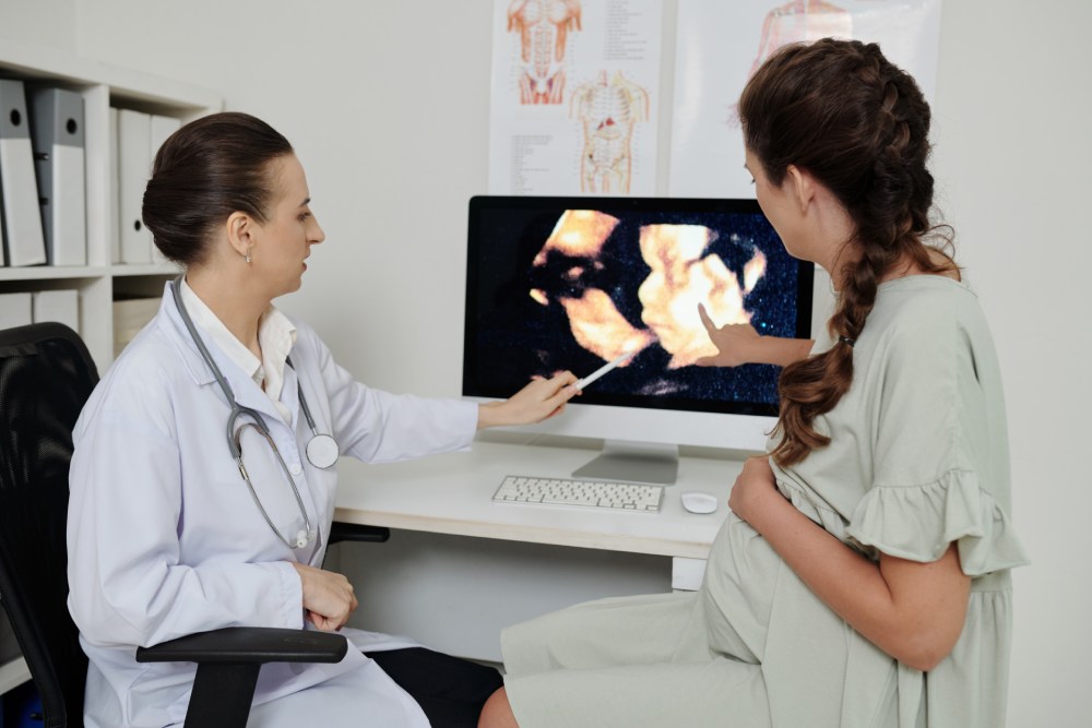 A pregnant woman and her doctor looking at an ultrasound image on a computer screen